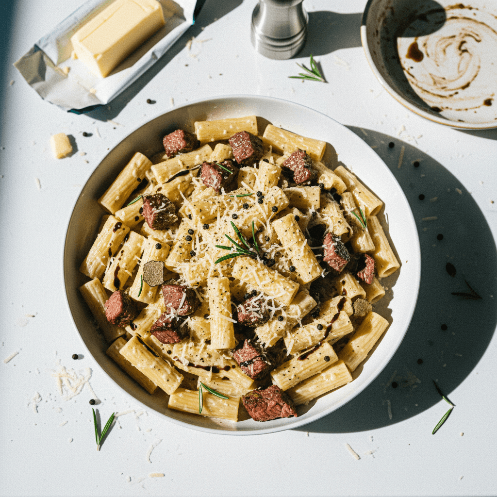 Creamy Peppercorn Steak Pasta with Truffle Oil