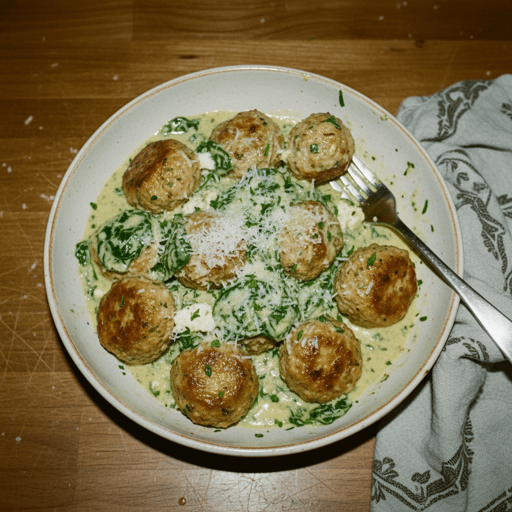 Chicken Ricotta Meatballs in Spinach Alfredo Sauce