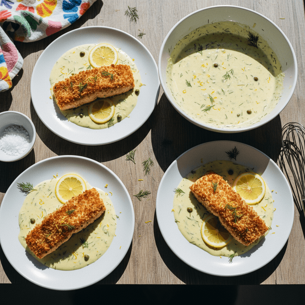 Panko Crusted Salmon with Lemon-Dill Cream Sauce