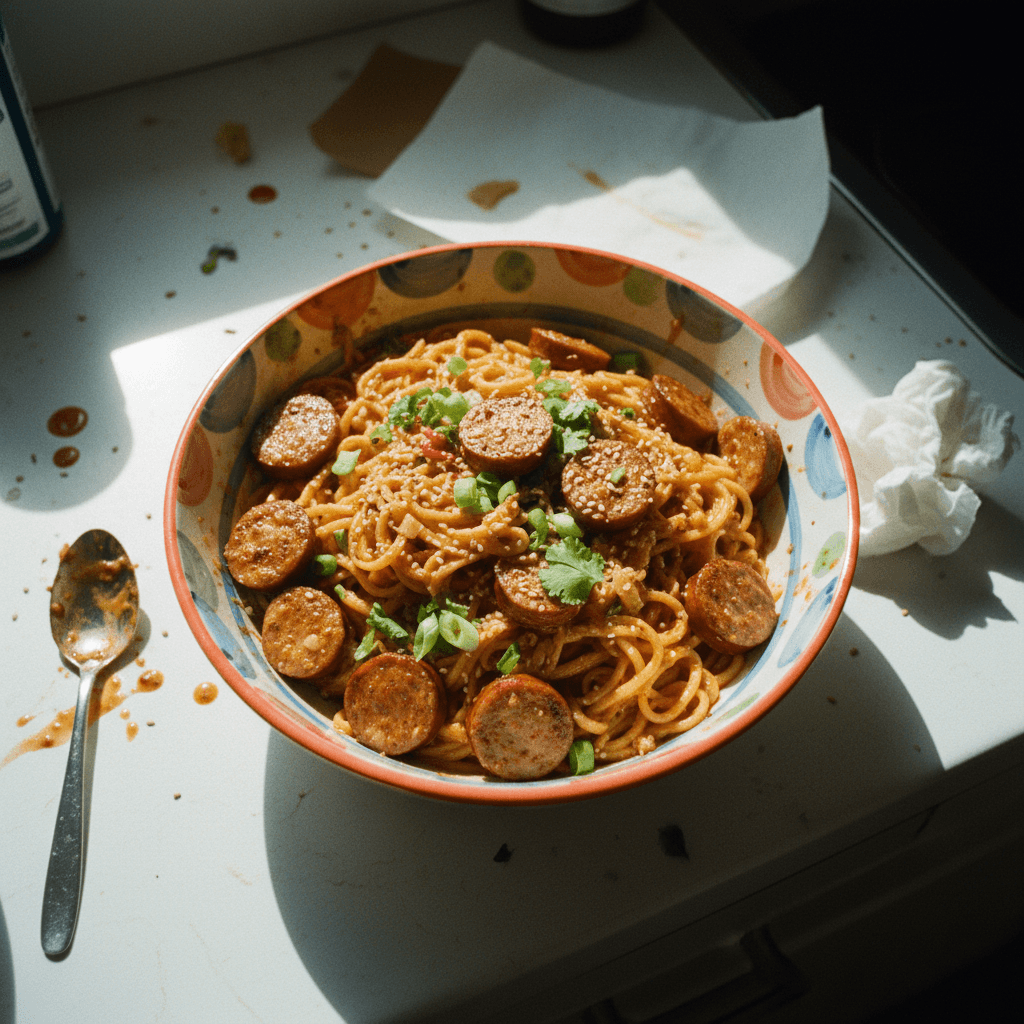 Creamy, Spicy Garlic Noodles with Sausage