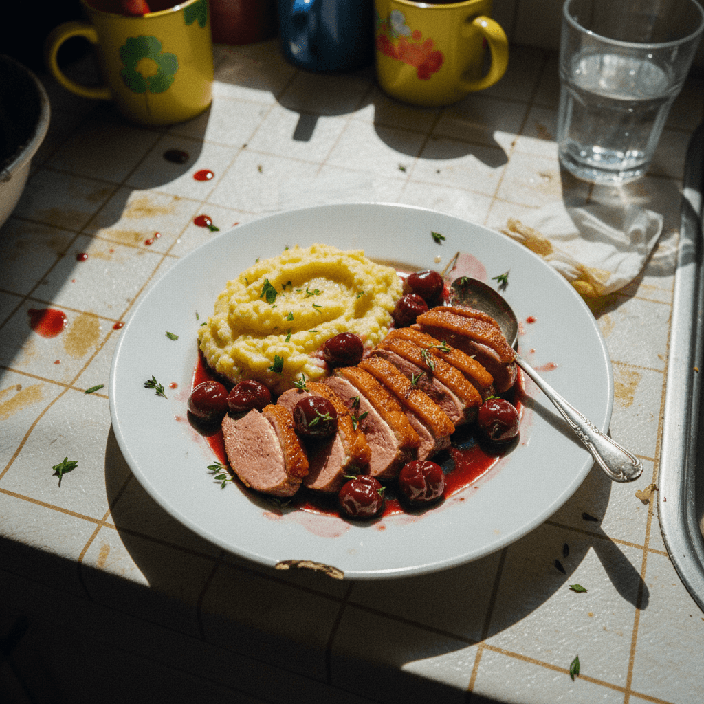 Sous Vide Duck Breast with Cherry Reduction and Creamy Polenta