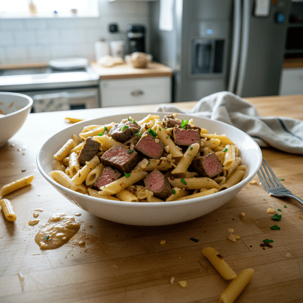 Steak Penne Pasta with Garlic Herb Sauce