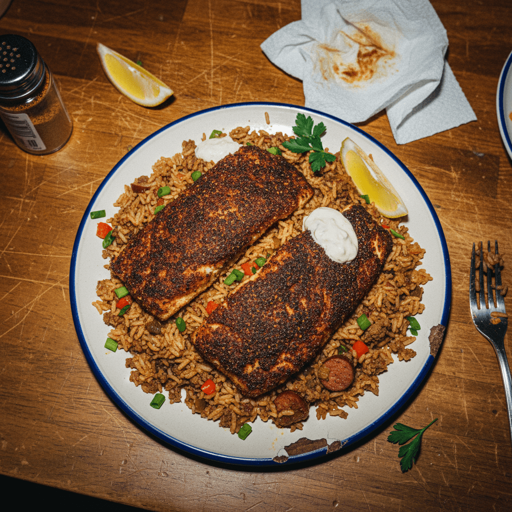 Blackened Catfish with Dirty Rice and Creamy Sauce