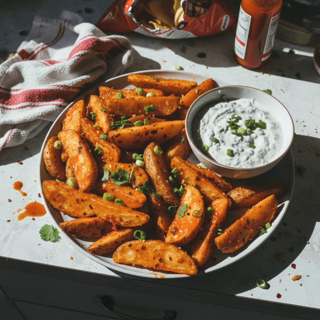 Buffalo Potato Wedges with Creamy Ranch Dip