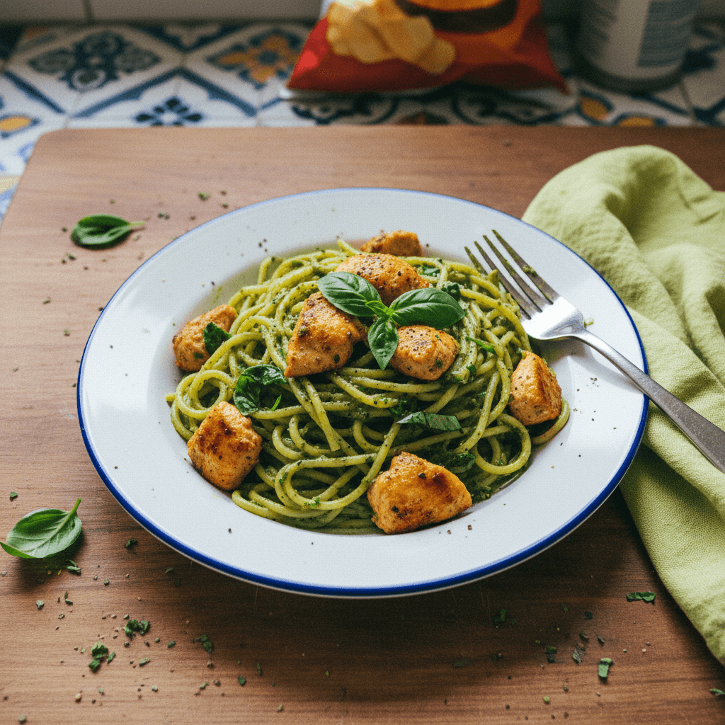 Espaguetis Verdes con Pollo Adobado