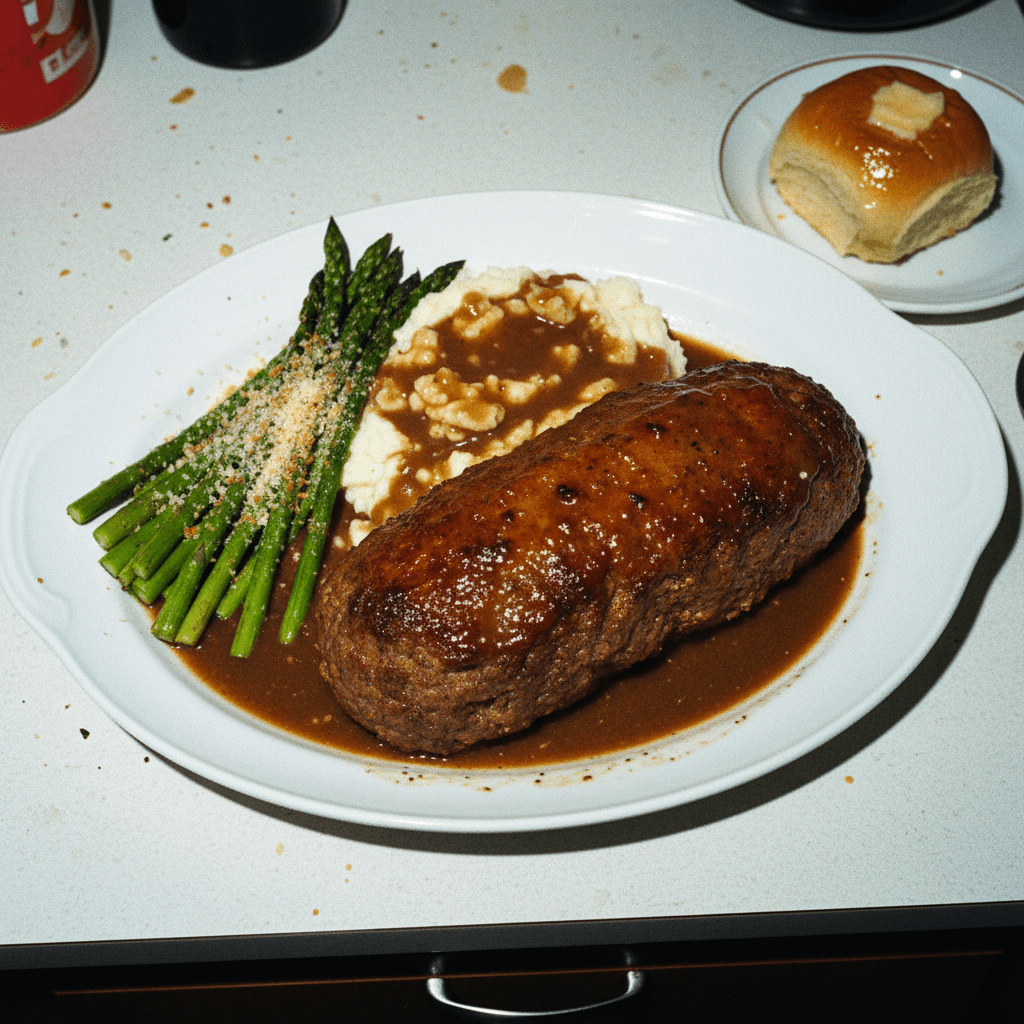 Juicy Meatloaf with Mashed Potatoes, Gravy, and Asparagus