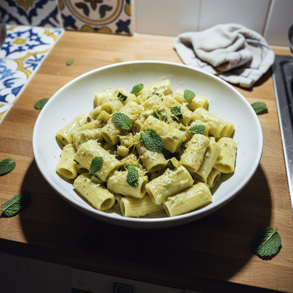 Pasta con crema di zucchine, limone e menta