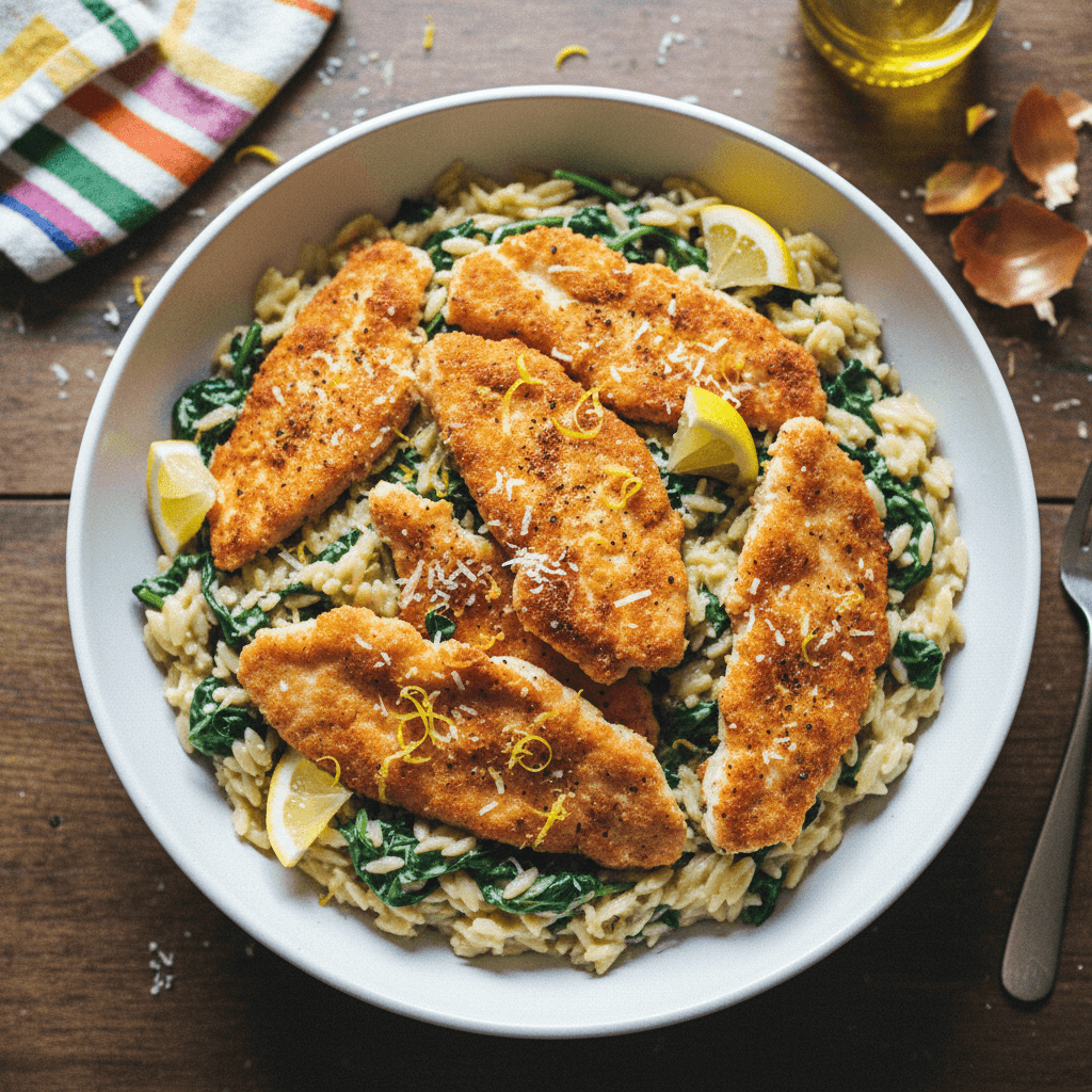 Crispy Lemon Parmesan Chicken Orzoto