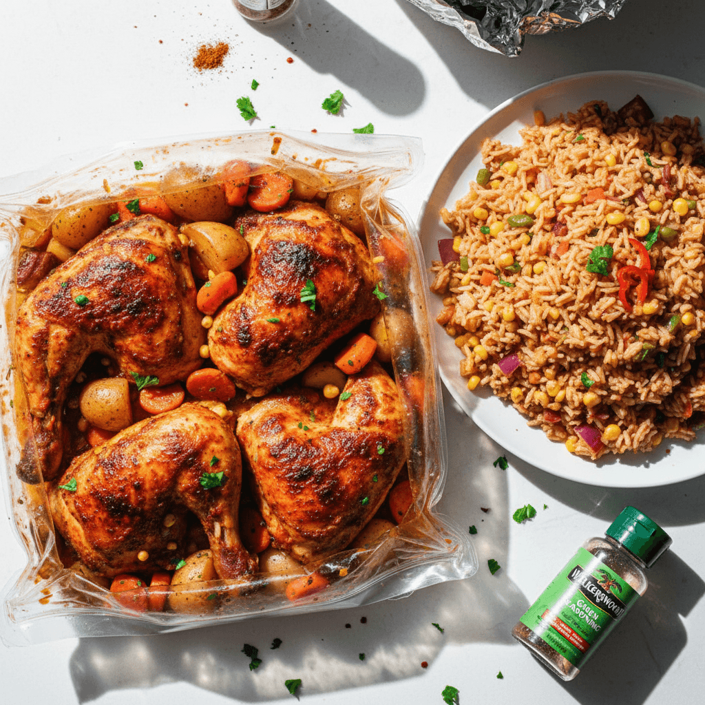 Juicy Creole Red Pepper Chicken in a Bag and Creole Vegetable Rice