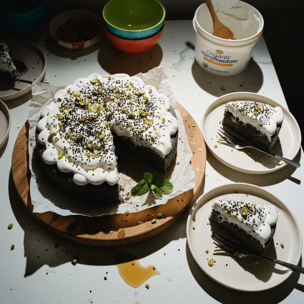 Flourless Black Sesame Cake with Toasted Marshmallow Fluff