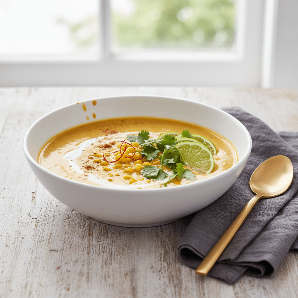 Curried Coconut Corn Soup with Lime & Cilantro