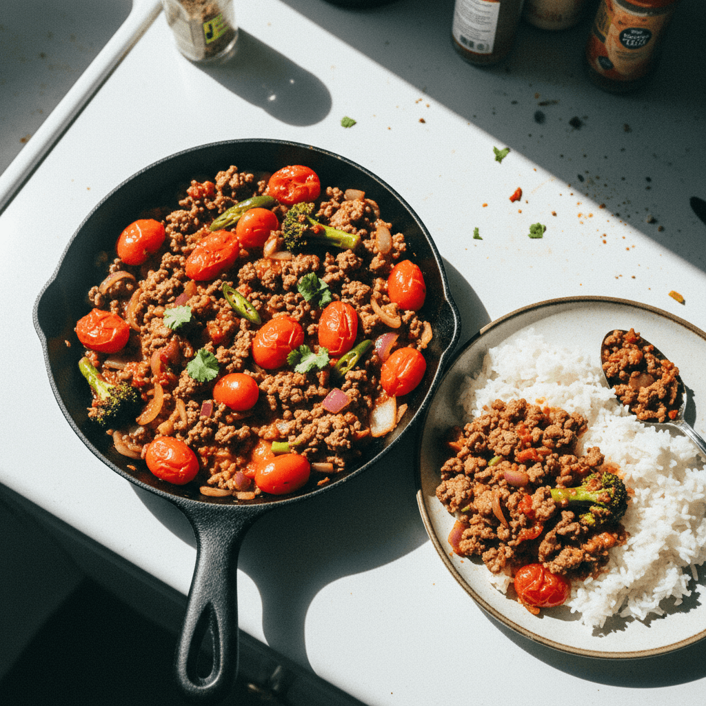Spicy Ground Beef and Tomato Skillet with Broccoli and Rice
