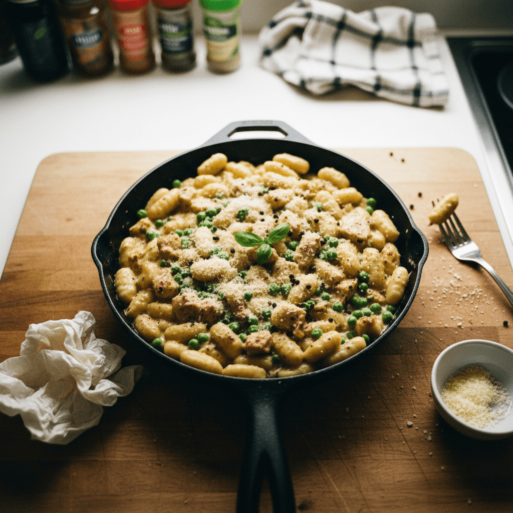One-Pan Trader Joe's Cacio e Pepe Gnocchi with Chicken and Peas