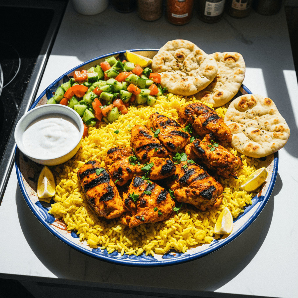 Grilled Chicken and Turmeric Rice Platter (Mediterranean-Style)