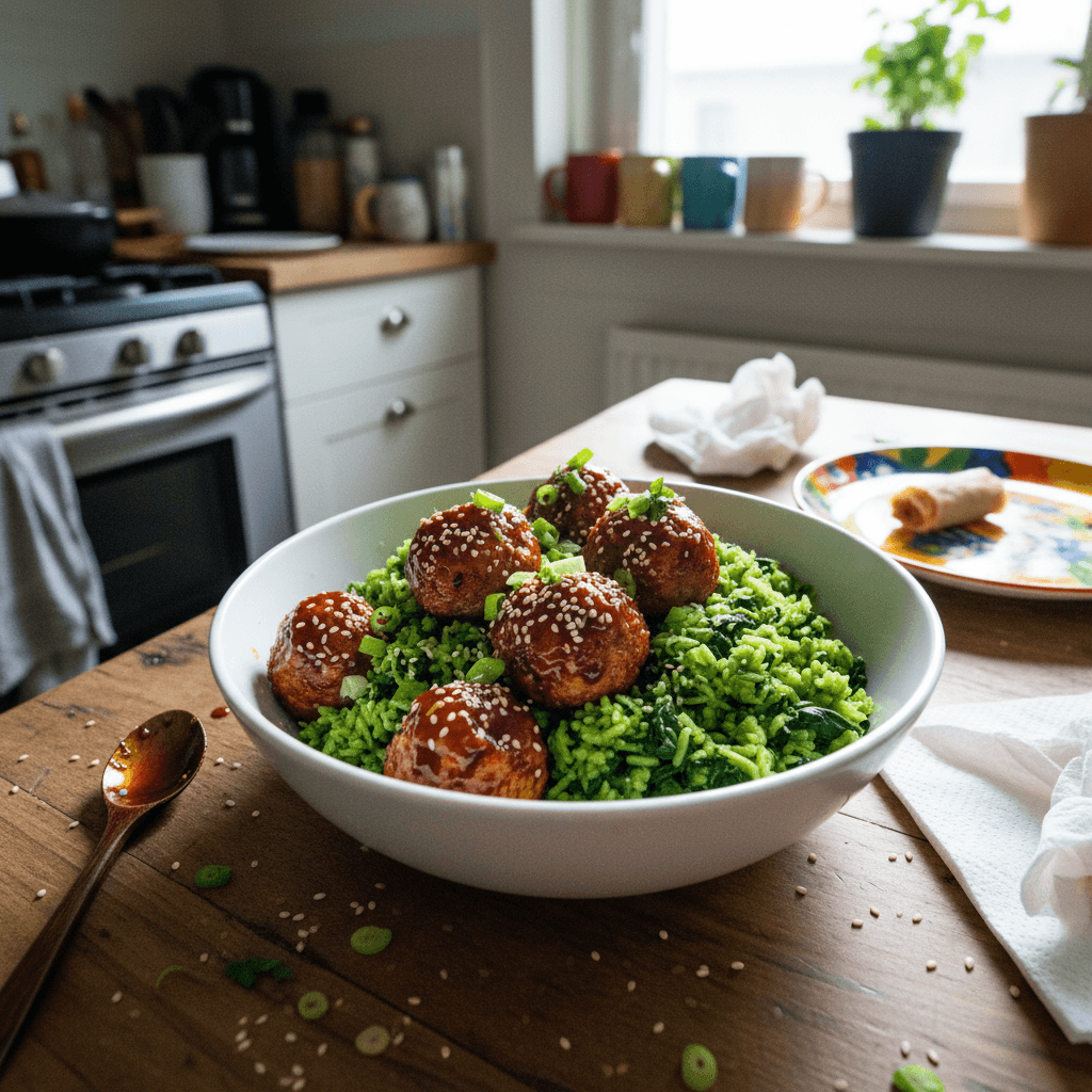 Albóndigas de tofu y teriyaki con arroz de espinacas