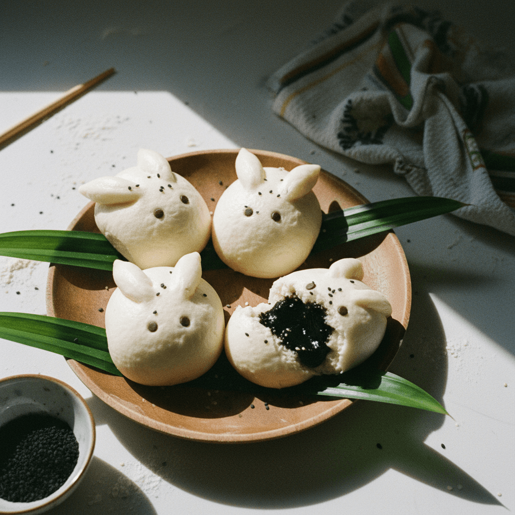 Steamed Bunny Buns with Sweet Black Sesame Filling