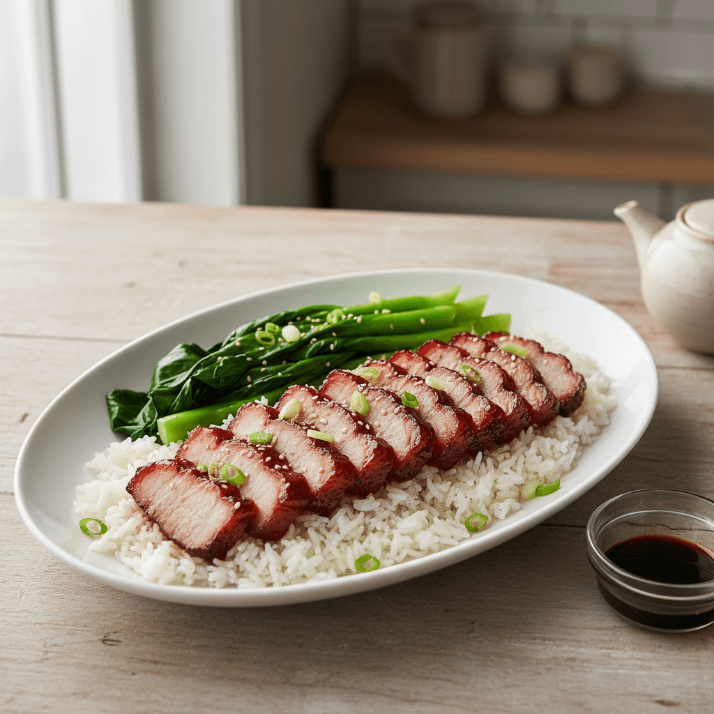 Char Siu with Rice and Steamed Greens