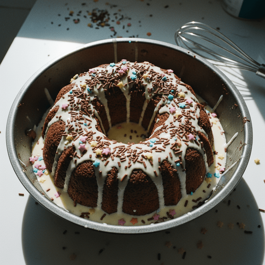 Chocolate Bundt Cake with Condensed Milk Topping and Sprinkles