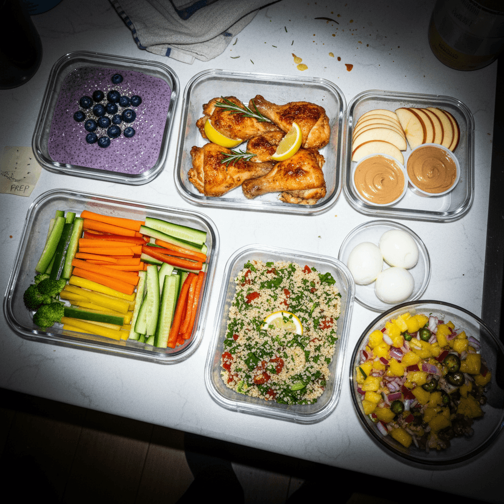 Weekly Meal Prep (Blueberry Chia Pudding, Juicy Baked Chicken, Apple Slices + Peanut Butter Yogurt Dip, Veggie Box, Hard Boiled Eggs, Tabbouleh Couscous Salad, Pineapple Pico de Gallo)