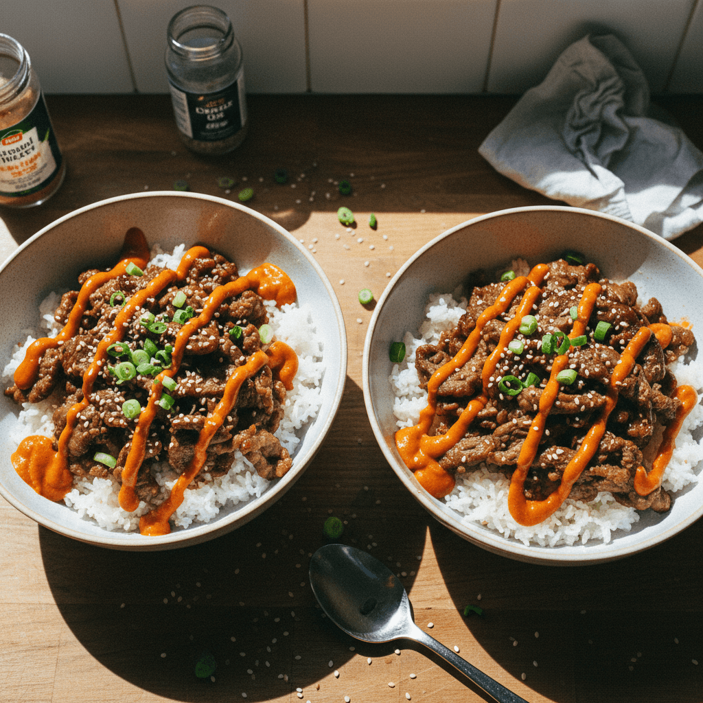 Korean Beef Bulgogi Bowls with Creamy Gochujang Sauce