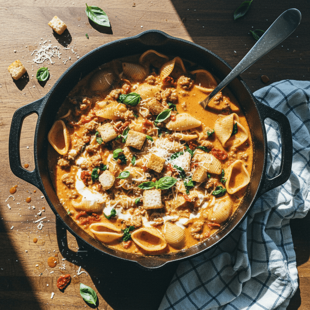 One Pot Stuffed Shells + Sausage Soup