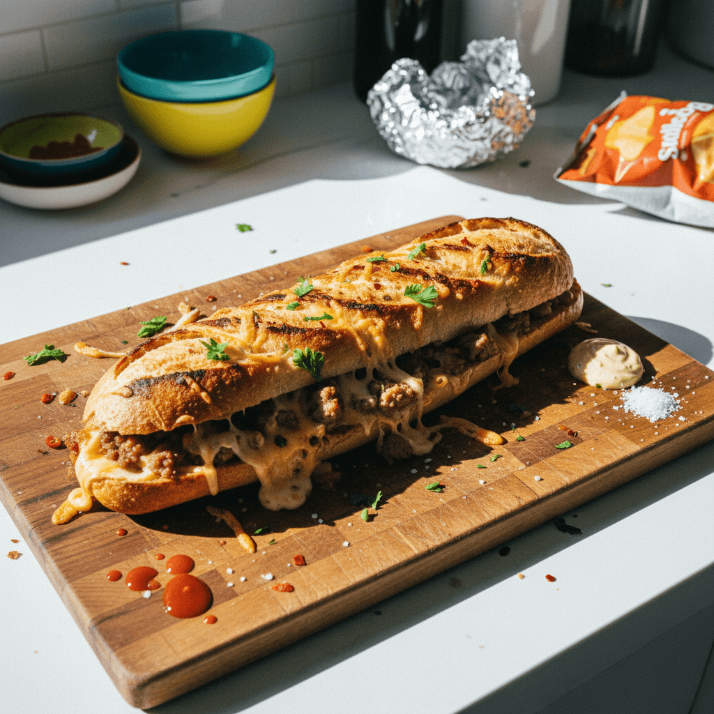 Grilled Cheesy Sausage Stuffed Baguette
