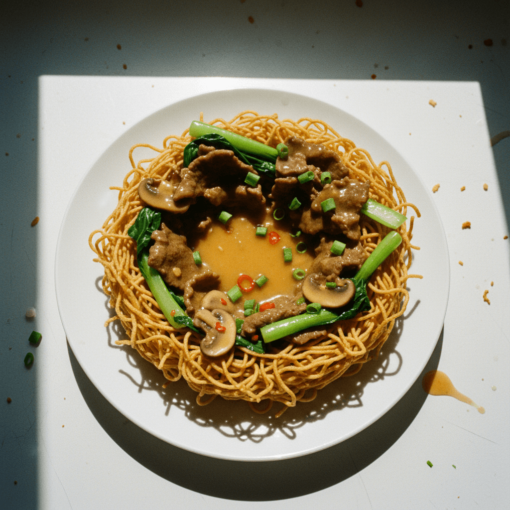 Crispy Noodles with Velveted Beef and Chicken Gravy