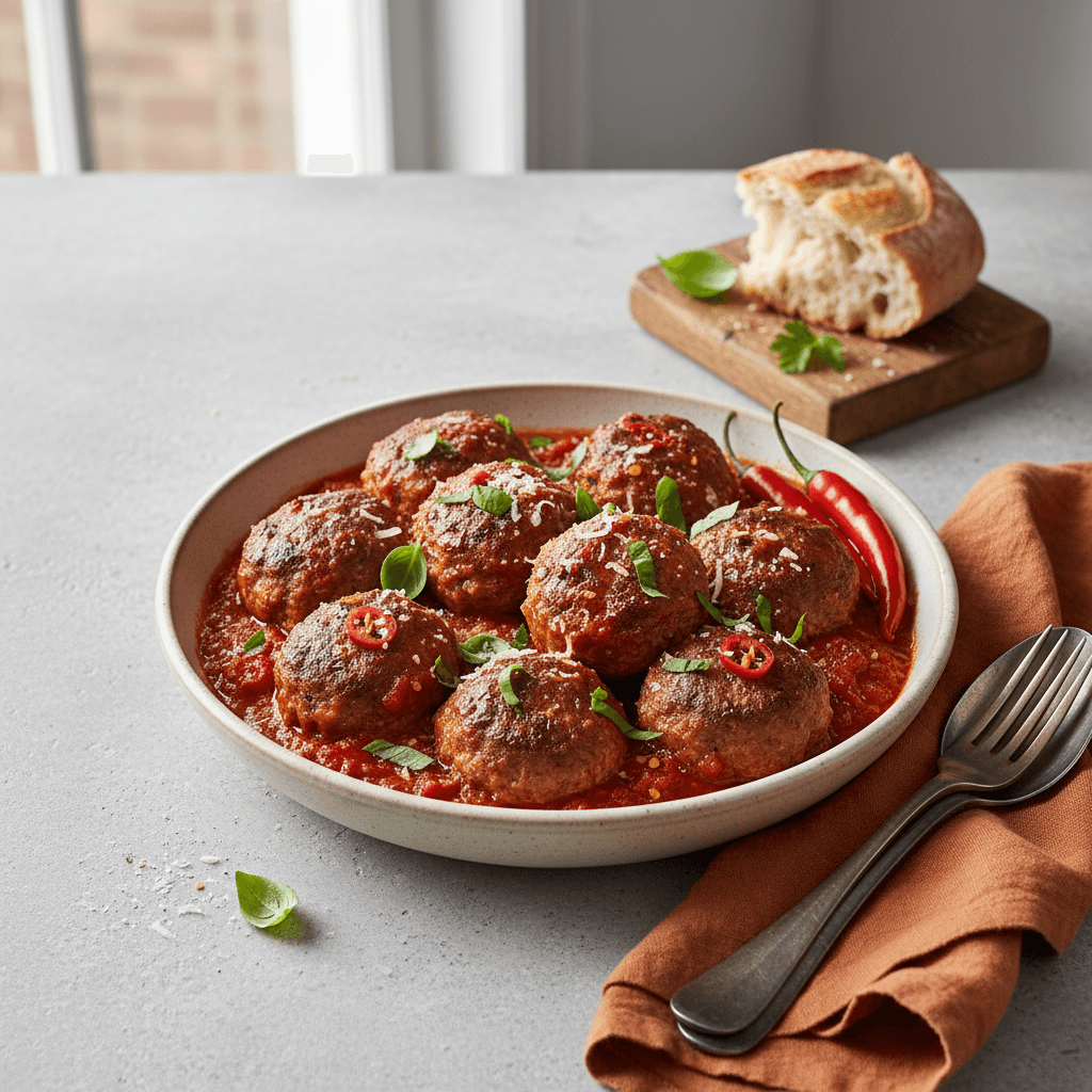 Spicy Turkey Meatballs in Fiery Tomato Sauce