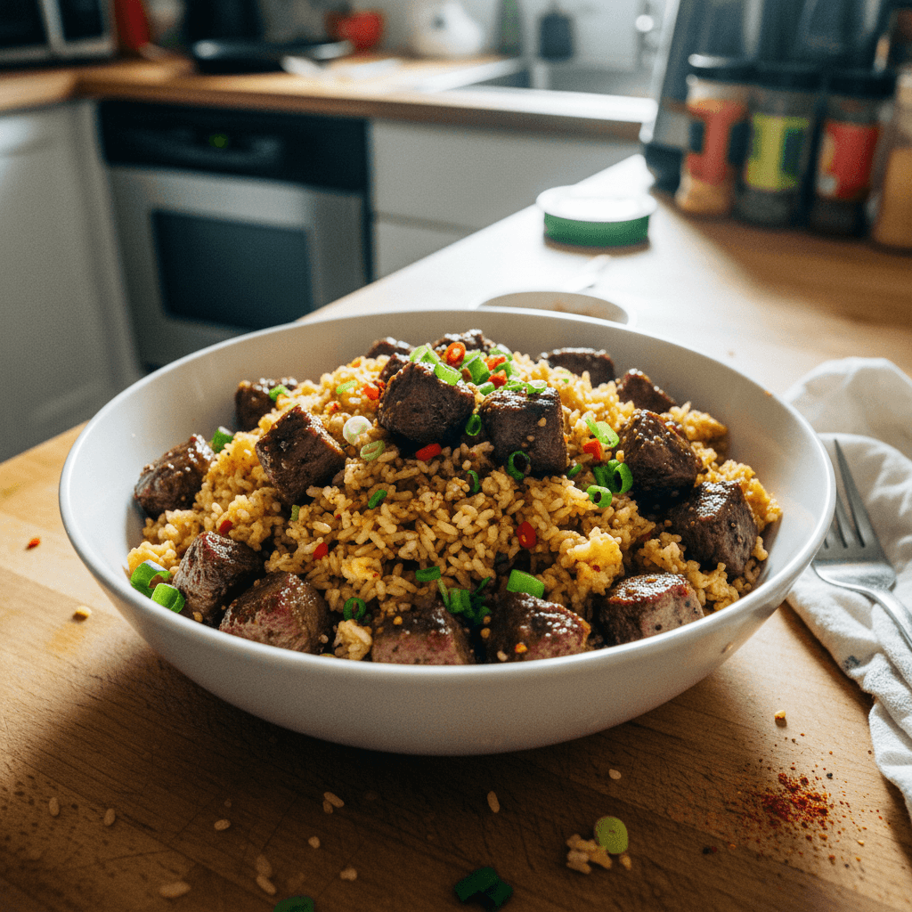 Garlic Fried Rice with Glazed Peppery Steak Bites