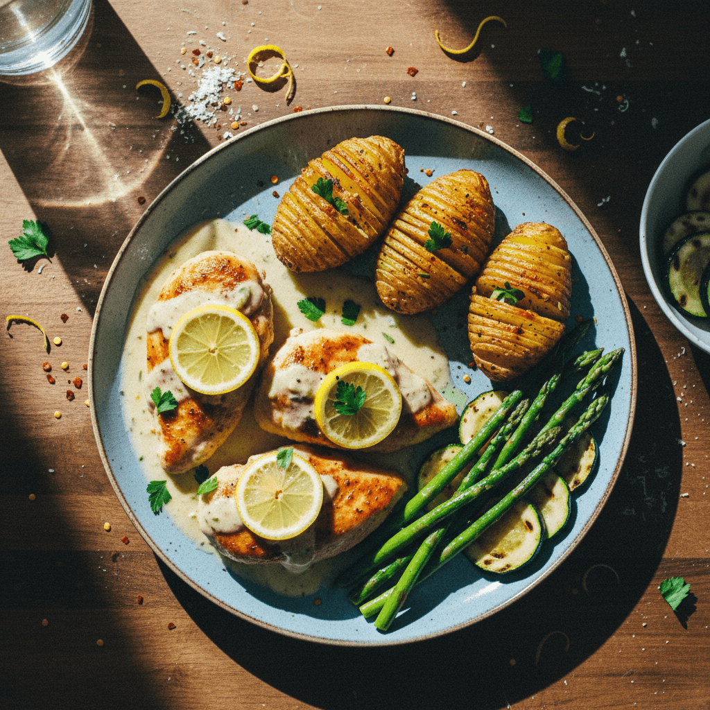 Creamy Lemon Parmesan Chicken with Crispy Hasselback Potatoes