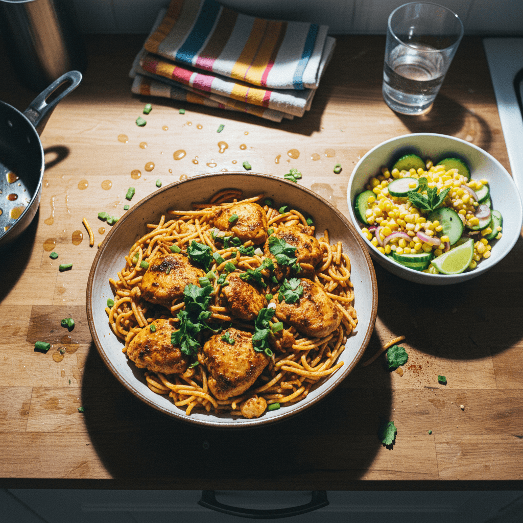Speedy One-Pot Chicken Fideos with Fresh Corn and Cucumber Salad