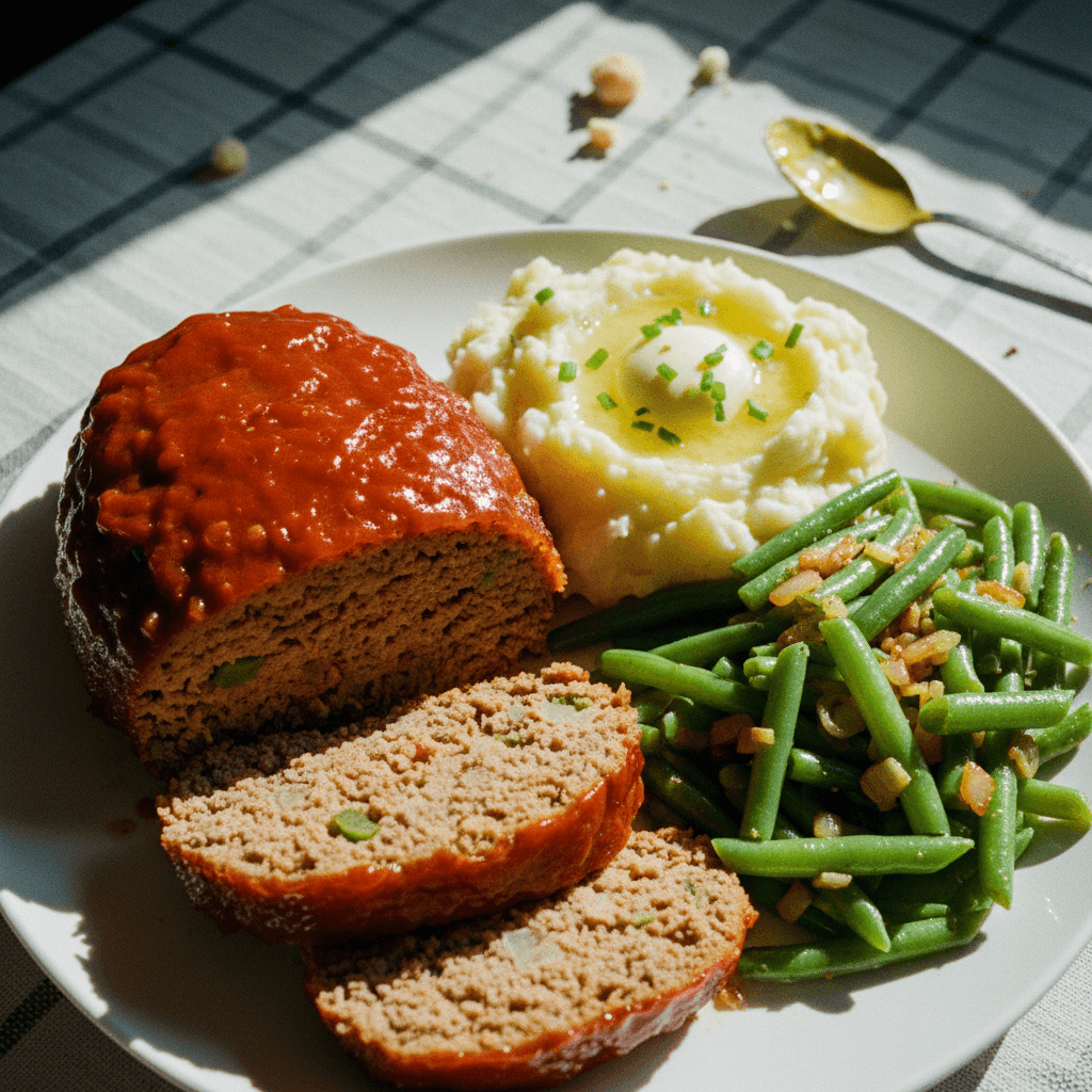 Meatloaf with Mashed Potatoes and Seasoned Green Beans