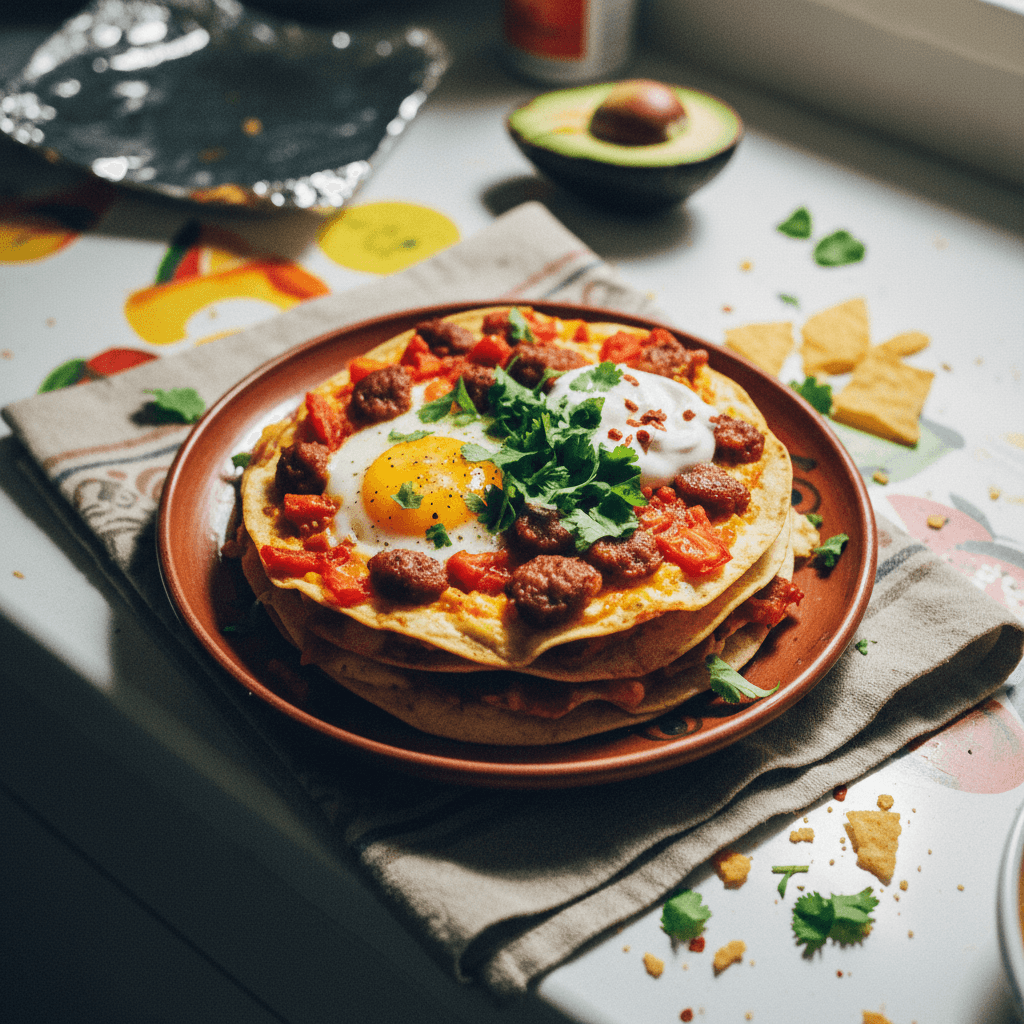 Baked Sausage, Egg, and Tomato Tortilla Stack