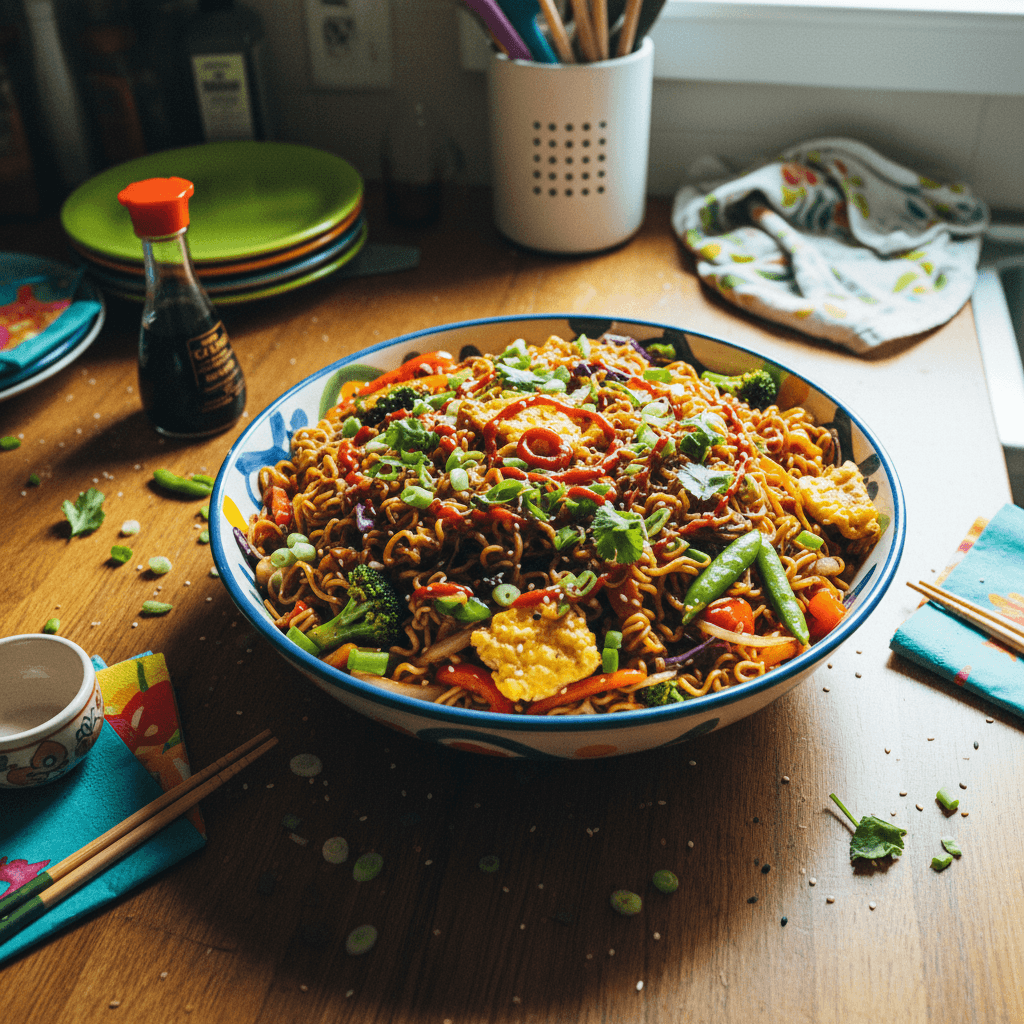 Giant Egg and Vegetable Instant Noodle Stir-fry