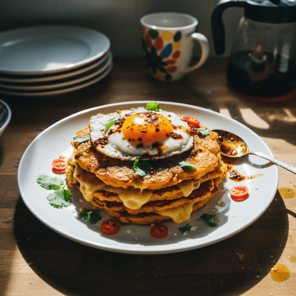Crispy Cheesy Sweet Potato Pancakes with Chili Oil Fried Egg