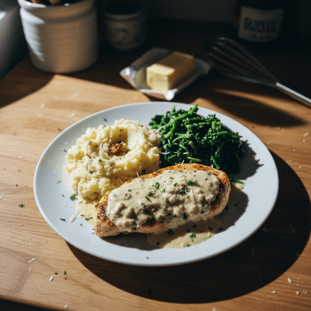 Creamy Garlic Parmesan Chicken with Mash + Greens