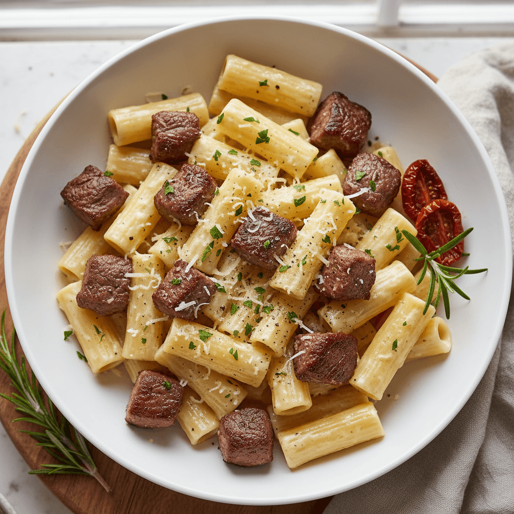 Seared Steak Bites with Creamy Rigatoni