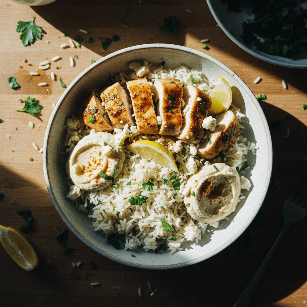 Herby Lemon Garlic Chicken & Rice with Feta & Hummus