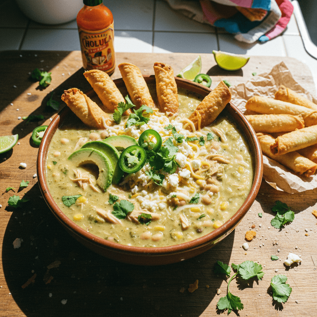 Poblano Chicken Chili with Cheesy Taquitos
