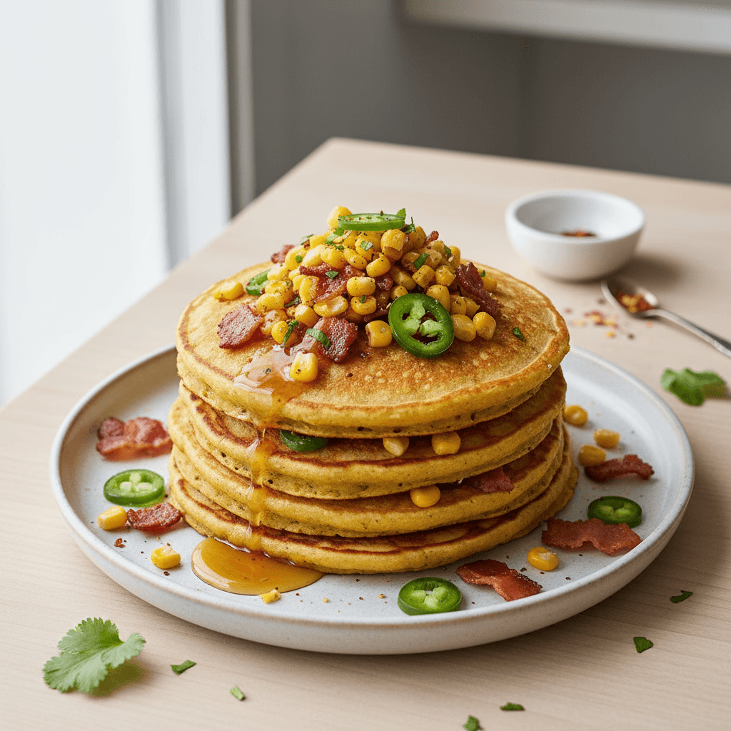 Spicy Jalapeño Cheddar Cornbread Pancakes with Crispy Bacon and Roasted Corn
