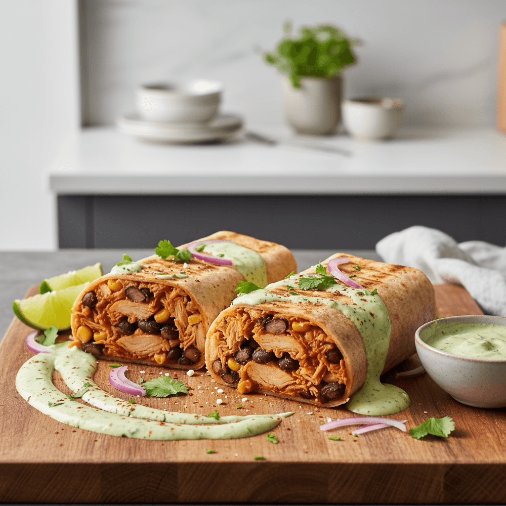 High Protein Shredded Chipotle Chicken Burritos with Smoky Cilantro Lime Sauce