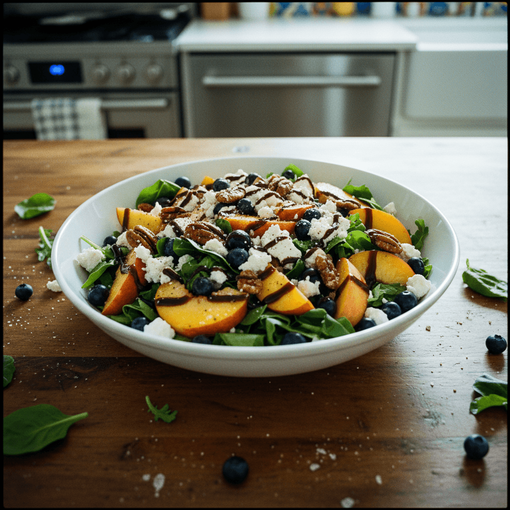 Peach Blueberry Feta Salad with Candied Pecans & Balsamic Glaze
