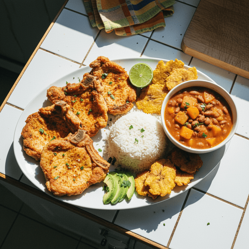 Puerto Rican Fried Pork Chops with Rice, Beans, and Tostones (Chuletas Fritas con Arroz, Habichuelas y Tostones)