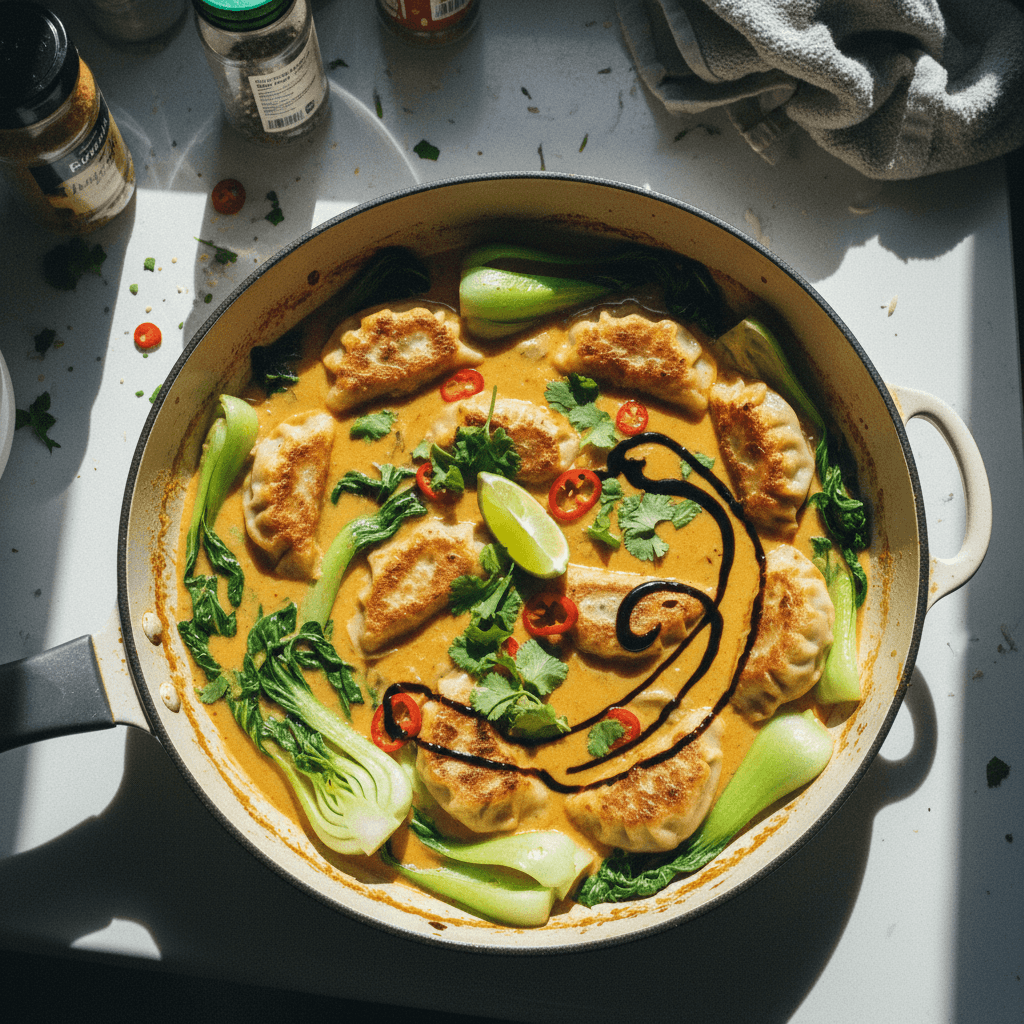 One-Pan Coconut Curry Dumplings with Bok Choy