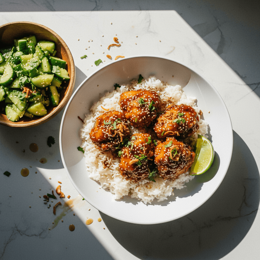Sticky Fried Chicken & Rice with a Smashed Cucumber Salad