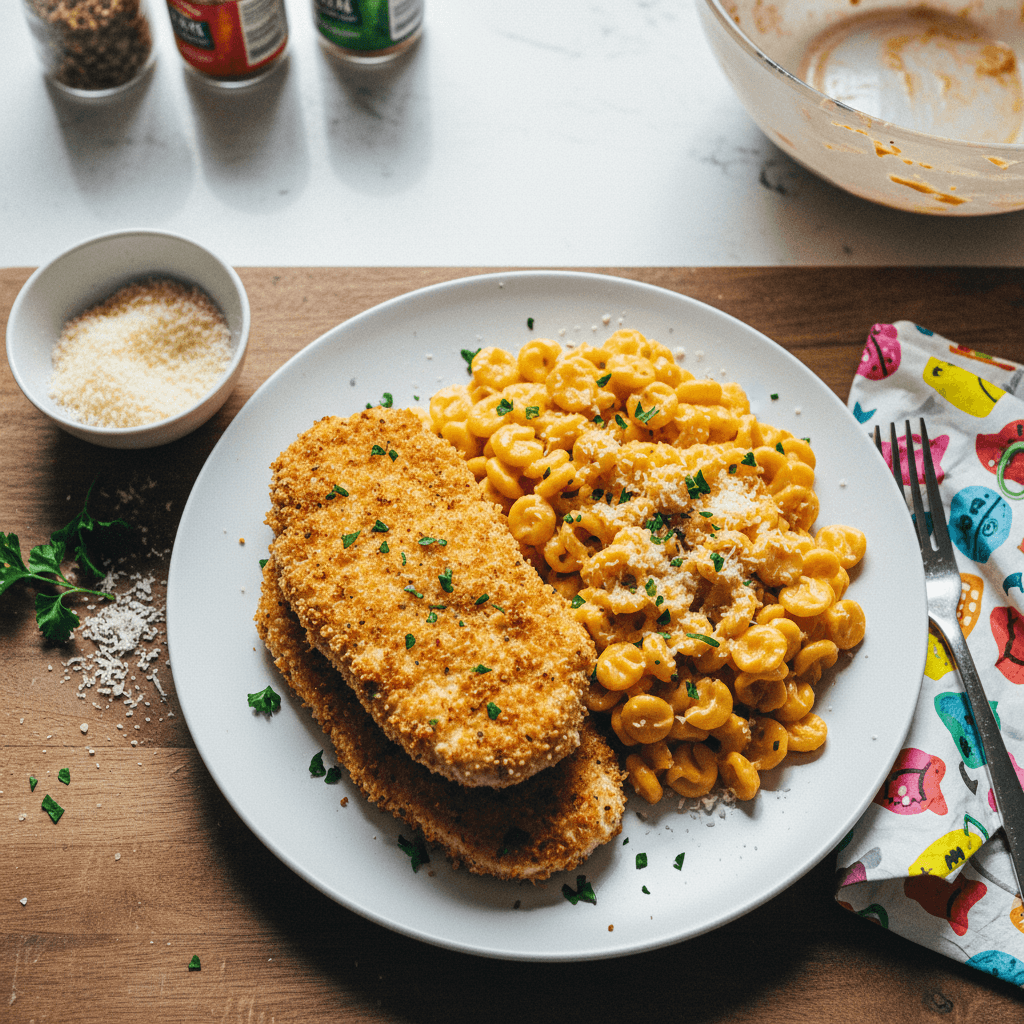 Cheesy Ditalini & Crusted Chicken Parmesan