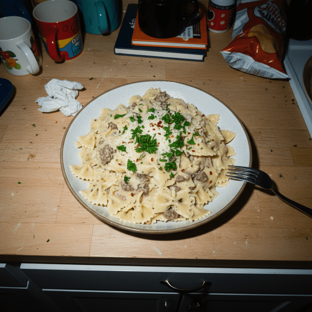 Creamy Garlic Beef Bowties in Parmesan Alfredo Sauce