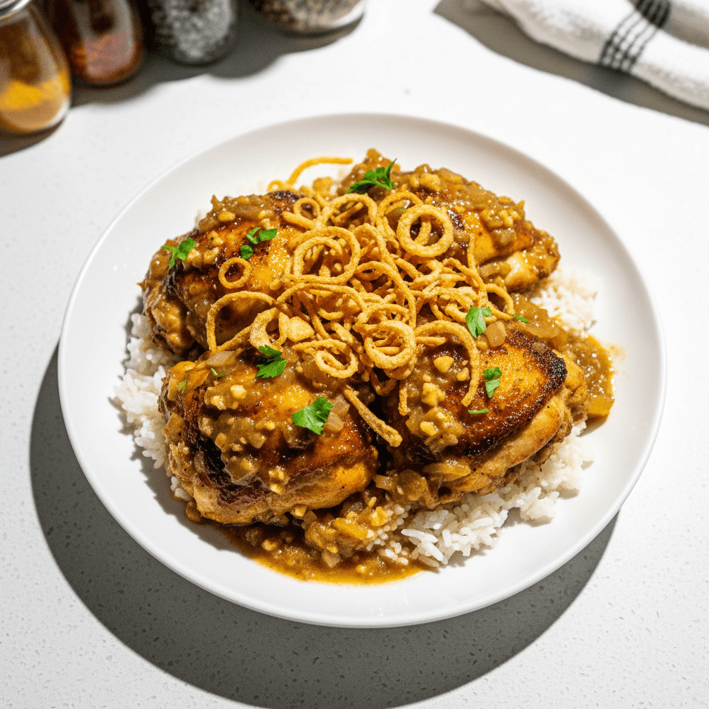 Smothered Garlic-Onion Gravy Chicken Thighs with Crispy Fried Onions