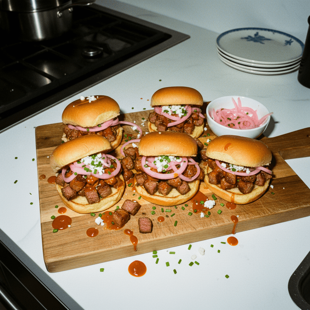 Buttery Buffalo Ribeye Steak Sliders with Pickled Red Onions