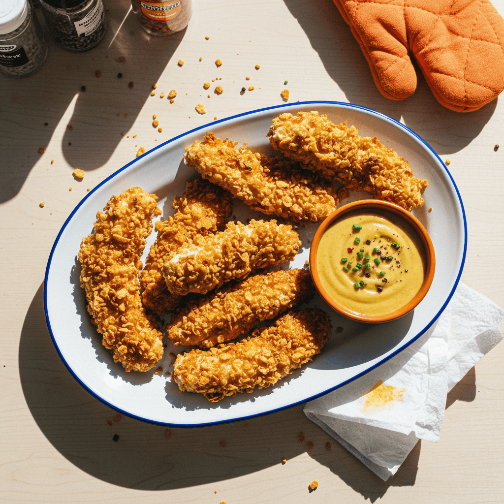 Pretzel-Cornflake Chicken Tenders with Hot Honey Mustard Sauce